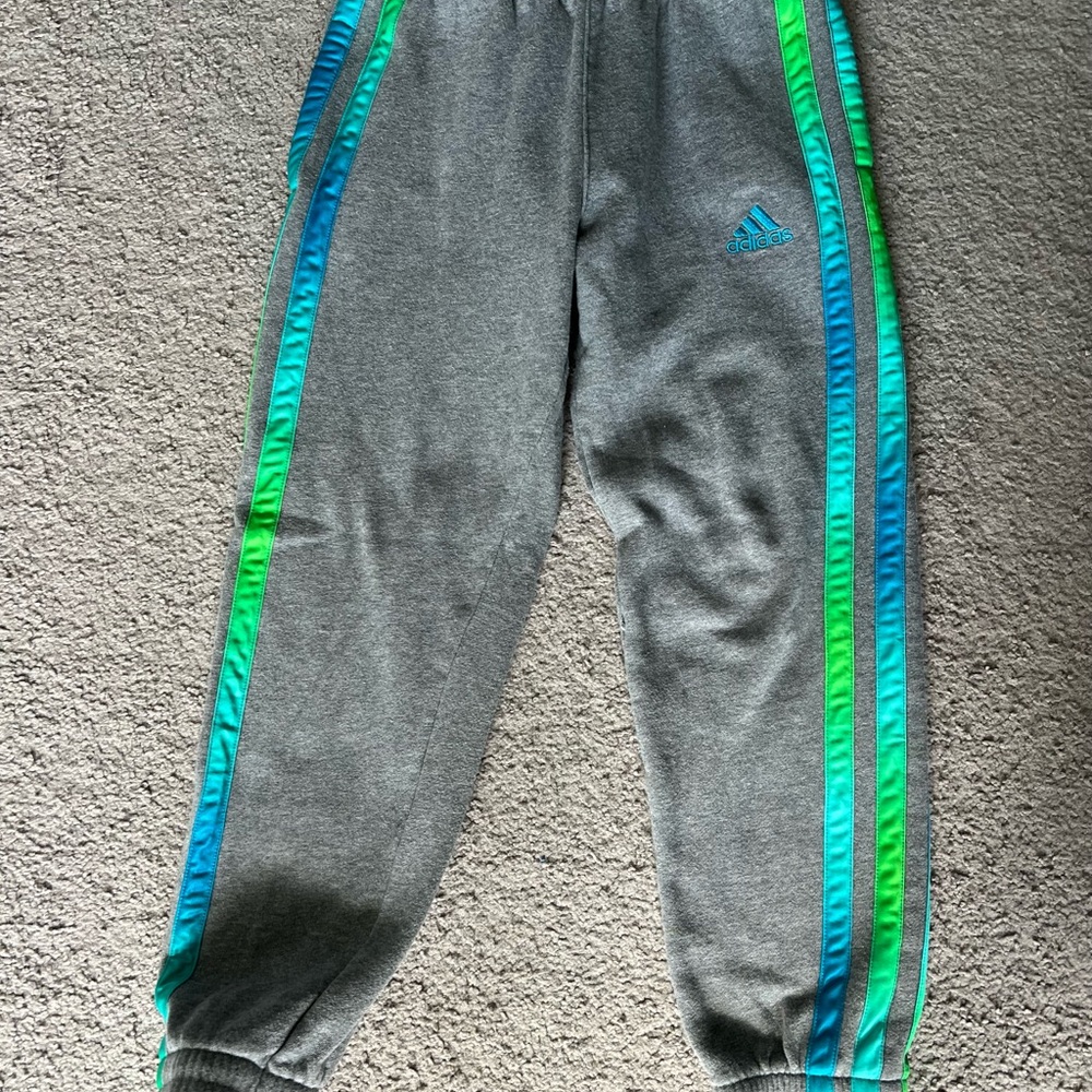 Adidas Kids Gray Joggers with Blue and Green Stripes